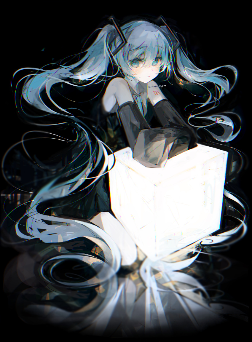 1girl, absurdres, aqua_eyes, aqua_hair, black_background, black_skirt, black_sleeves, blue_necktie