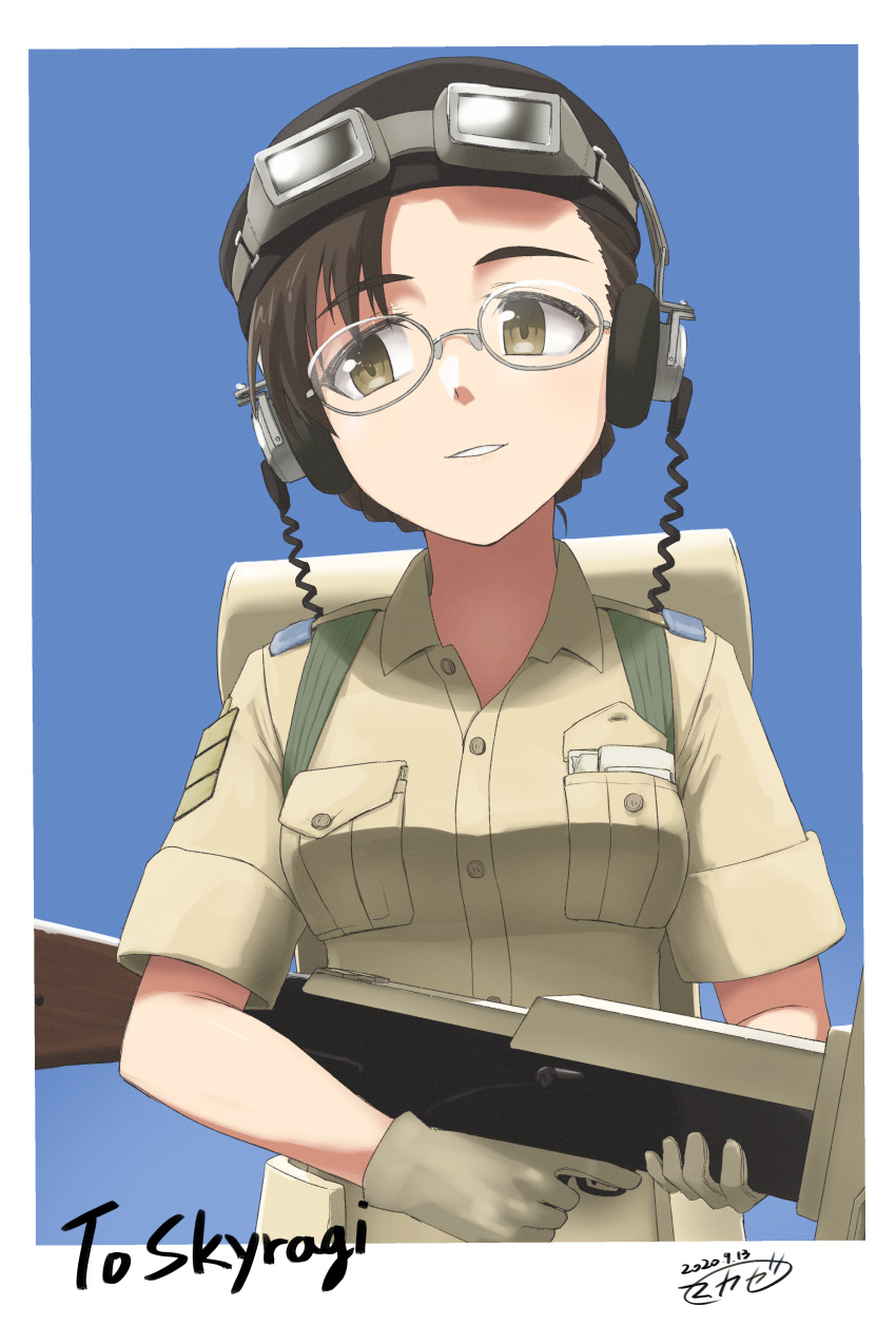 1girl, absurdres, beret, blue_background, braid, breasts, brown_hair, collared_shirt