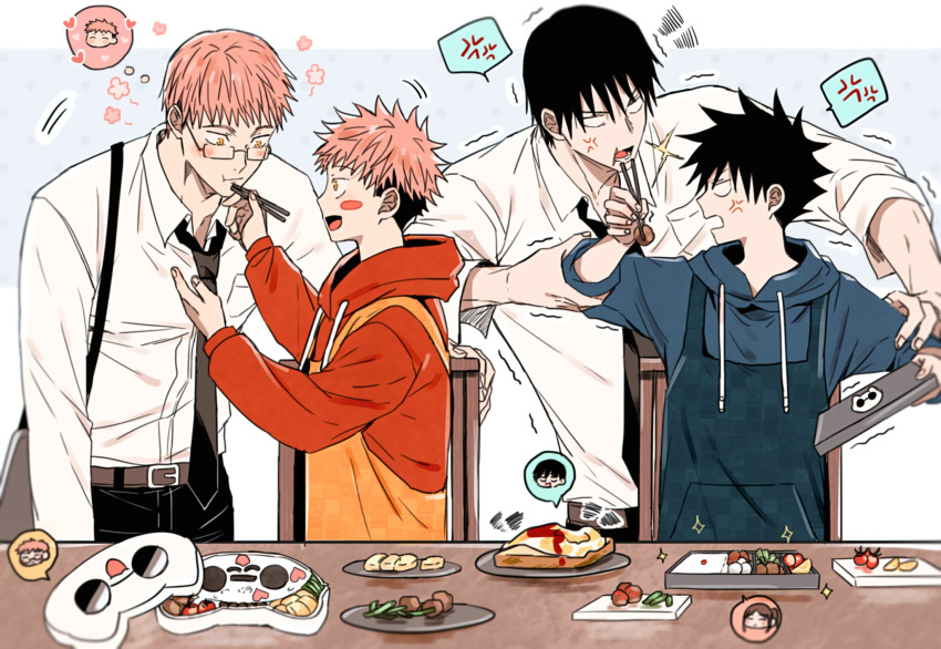 4boys, aged_down, bento, blue_hoodie, blush, chewing, child, chopsticks