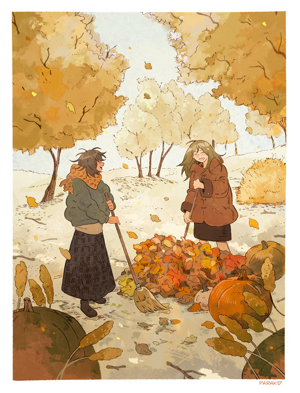 2girls, autumn, broom, brown_coat, brown_hair, closed_eyes, coat, highres