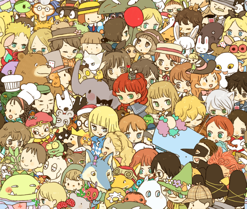 6+boys, 6+girls, ai_shoujo_pollyanna_monogatari, alice_(alice_in_wonderland), alice_in_wonderland, anne_of_green_gables, anne_shirley, balloon, bam_(bam_and_kero), bam_and_kero, bear, black_hair, blonde_hair, brown_hair, calcifer, card, cat, caterpillar, character_request, chef_hat, copyright_request, crossover, crown, daruma-chan, daruma-chan_(series), dinosaur, dog, elephant, facial_hair, frederick_(book), frederick_the_mouse, ghost, glasses, green_eyes, green_hood, grey_eyes, guri_to_gura, harry_potter, harry_potter_(series), hat, highres, holding, holding_card, holding_instrument, howl's_moving_castle_(novel), howl_(howl_no_ugoku_shiro), instrument, kaiketsu_zorori, kero_(bam_and_kero), le_petit_prince, little_my, long_hair, madeline_(book), madeline_(madeline), mary_poppins, mary_poppins_(character), moomin, mouse, multiple_boys, multiple_girls, mushroom, mustache, necktie, omae_umasou_da_na, one_eye_closed, open_mouth, peter_pan_(disney), pollyanna_whittier, prince_(le_petit_prince), sherlock_holmes, smile, snufkin, squirrel, sweatdrop, the_adventures_of_sherlock_holmes, the_very_hungry_caterpillar, tinker_bell_(disney), top_hat, violin, wakatta-san, wally_(where's_wally), whale, where's_wally, witch_hat, wolf, yellow_eyes, yukke, zororeene