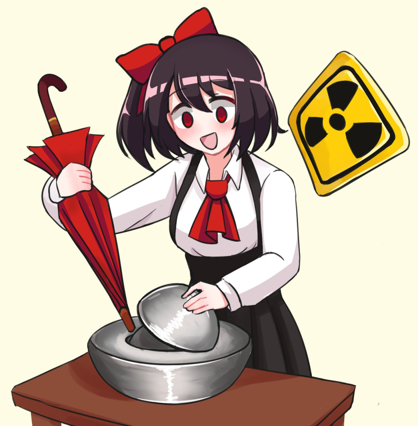 1girl, :d, ascot, black_hair, black_skirt, blush, bow, breasts, commentary, commission, cookie_(touhou), cowboy_shot, demon_core, english_commentary, hair_bow, highres, holding, holding_umbrella, long_sleeves, medium_hair, mogemochi, open_mouth, radiation_symbol, red_ascot, red_bow, red_eyes, red_umbrella, shirt, side_ponytail, simple_background, siyudi_(cookie), skirt, small_breasts, smile, solo, suspender_skirt, suspenders, table, umbrella, white_shirt, yellow_background