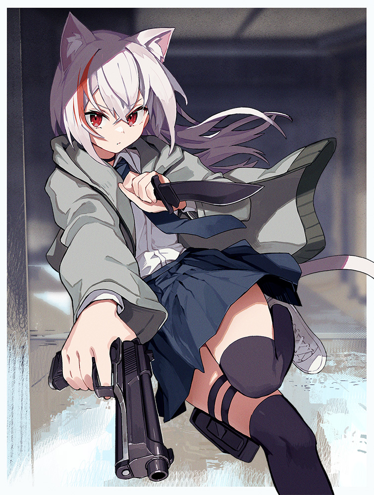 >:(, 1girl, animal_ear_fluff, animal_ears, black_necktie, black_thighhighs, blue_skirt, cat_ears