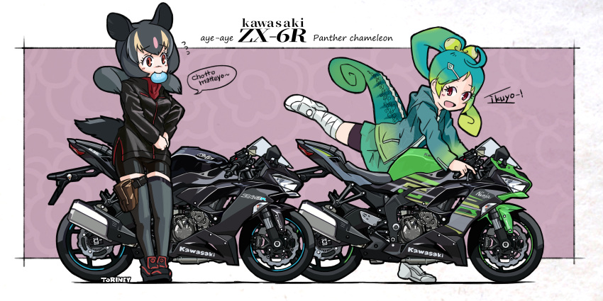 2girls, absurdres, ahoge, alternate_costume, aqua_hair, artist_name, aye-aye_(kemono_friends), bike_shorts