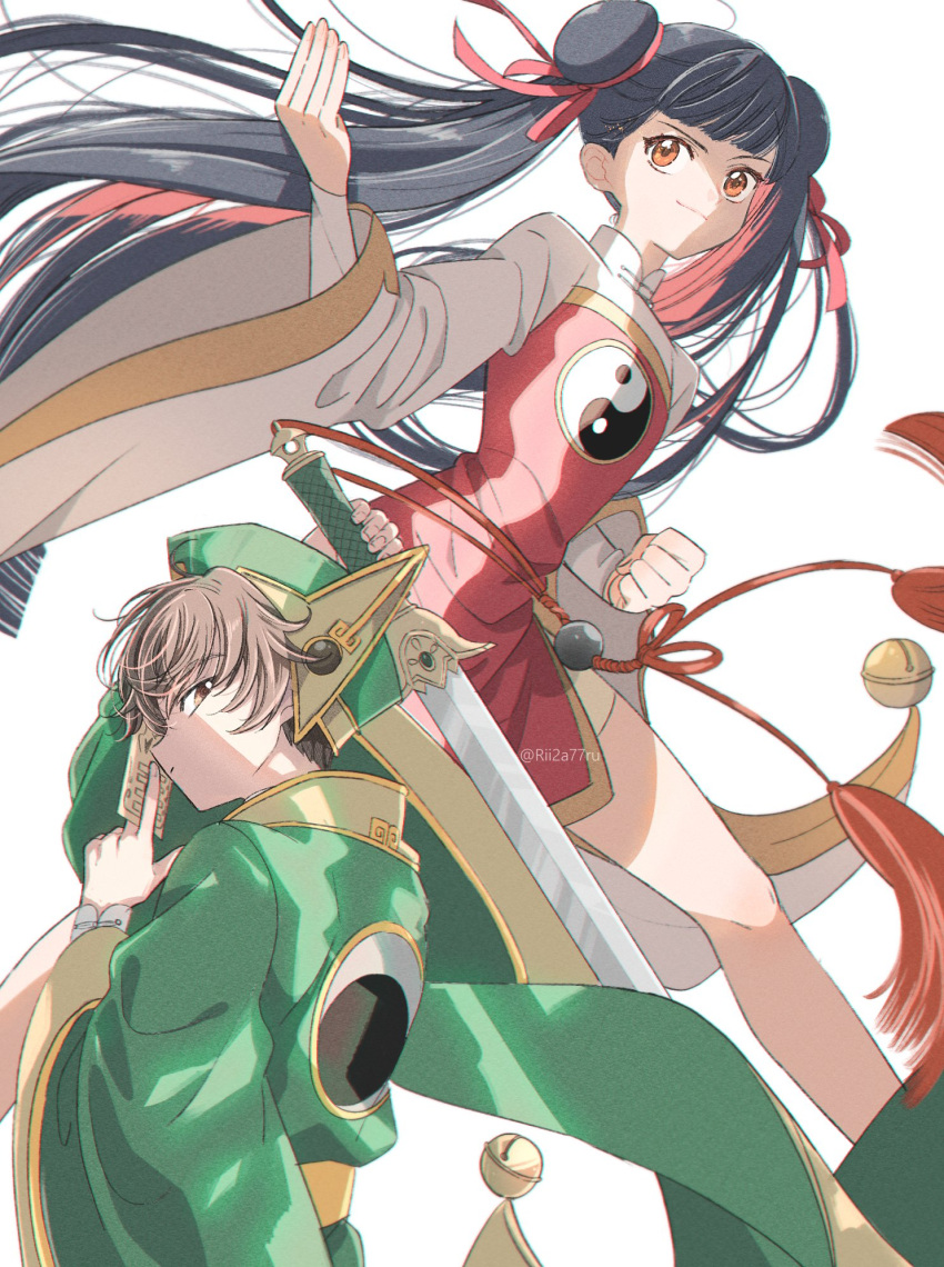 1boy, 1girl, black_hair, brown_eyes, brown_hair, cardcaptor_sakura, chinese_clothes, cousins