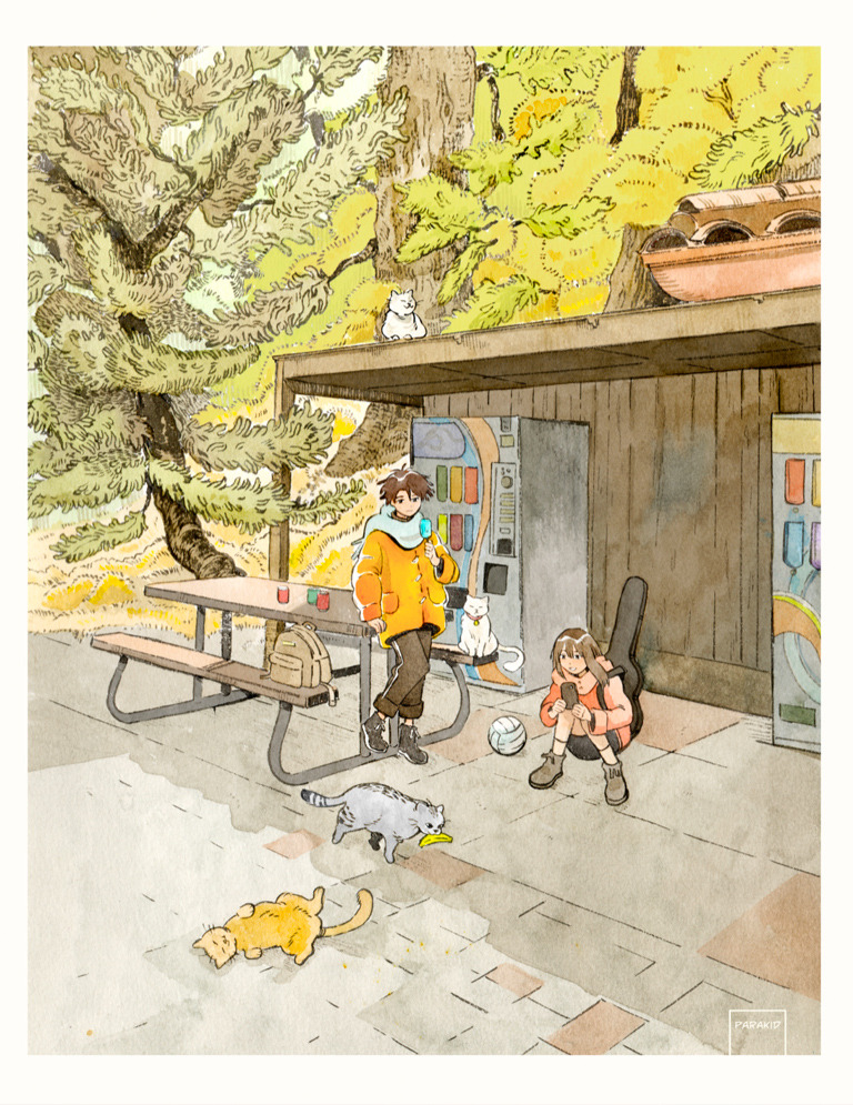 1boy, 1girl, backpack, bag, ball, banana, brown_hair, building
