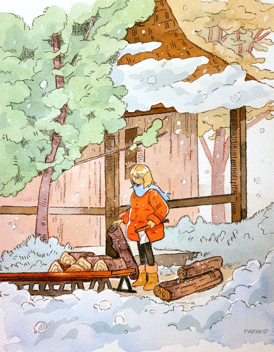 1girl, axe, black_leggings, blonde_hair, blue_scarf, brown_footwear, building, coat