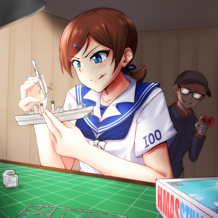 1boy, 1girl, absurdres, airhorn, bottle, box, brown_hair, cutting_board
