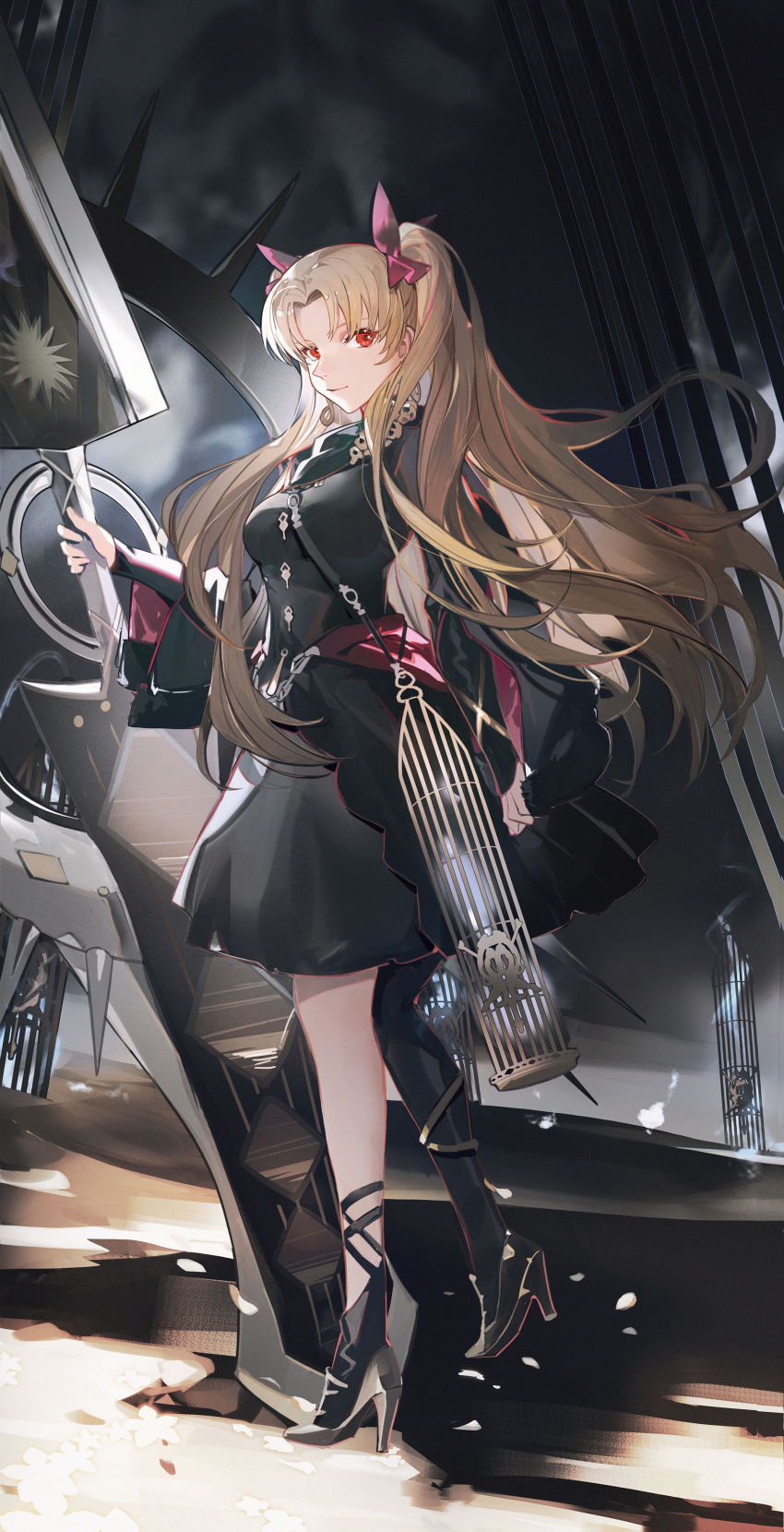 1girl, absurdres, asymmetrical_legwear, birdcage, black_dress, blonde_hair, cage, closed_mouth