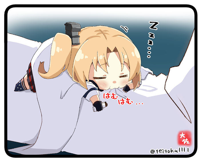 1boy, 1girl, azur_lane, biting, black_gloves, blonde_hair, capelet, clevelad_(azur_lane), commander_(azur_lane), commentary_request, fingerless_gloves, gloves, long_hair, long_sleeves, lying, lying_on_person, military, military_uniform, minigirl, naval_uniform, on_stomach, one_side_up, out_of_frame, parted_bangs, pleated_skirt, sidelocks, signature, simple_background, size_difference, skirt, sleeping, sleeping_on_person, taisa_(kari), twitter_username, uniform