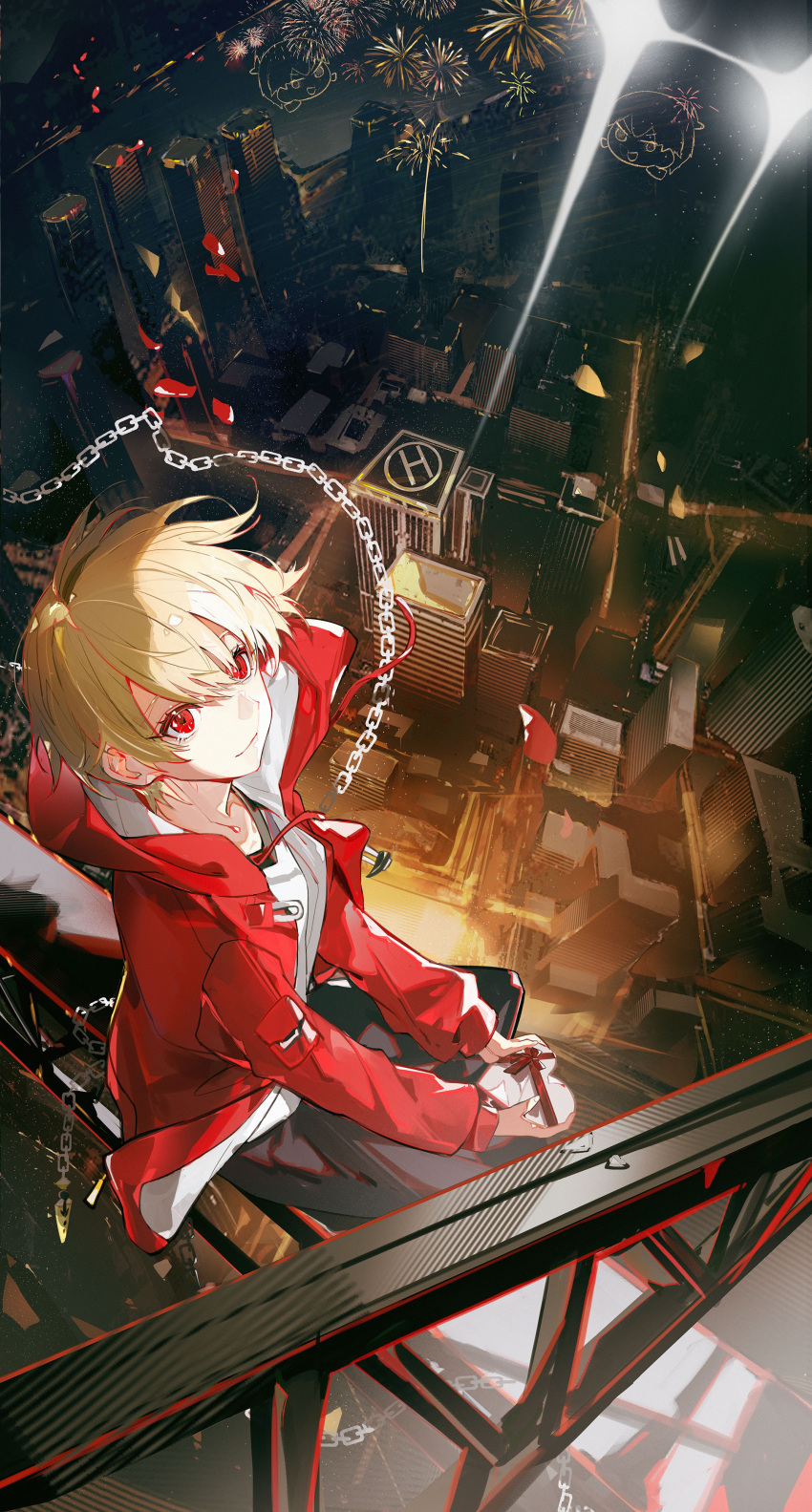 1boy, absurdres, aerial_fireworks, blonde_hair, chain, child, child_gilgamesh_(fate), city