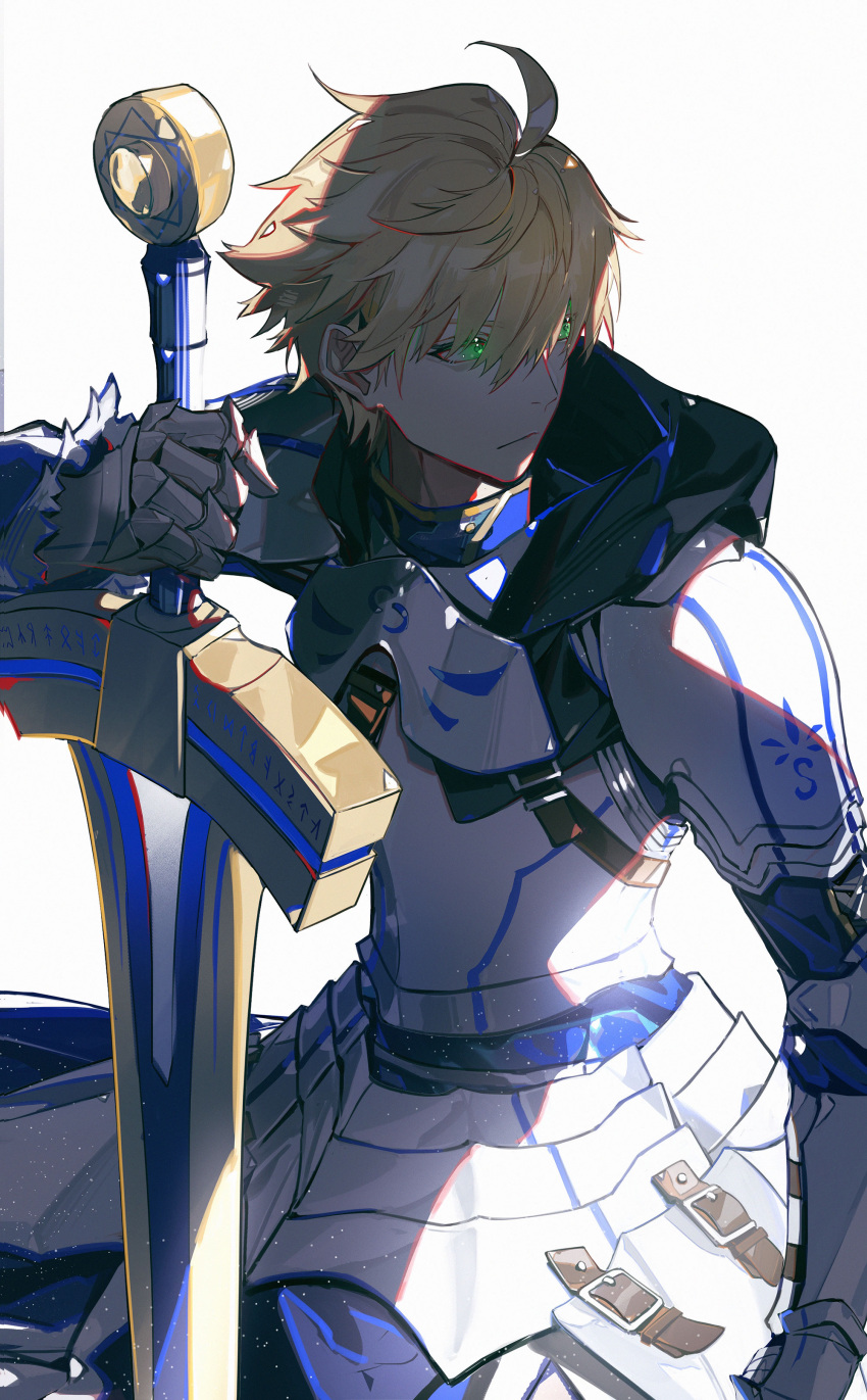 1boy, absurdres, ahoge, armor, arthur_pendragon_(fate), blonde_hair, closed_mouth, excalibur_(fate/prototype)