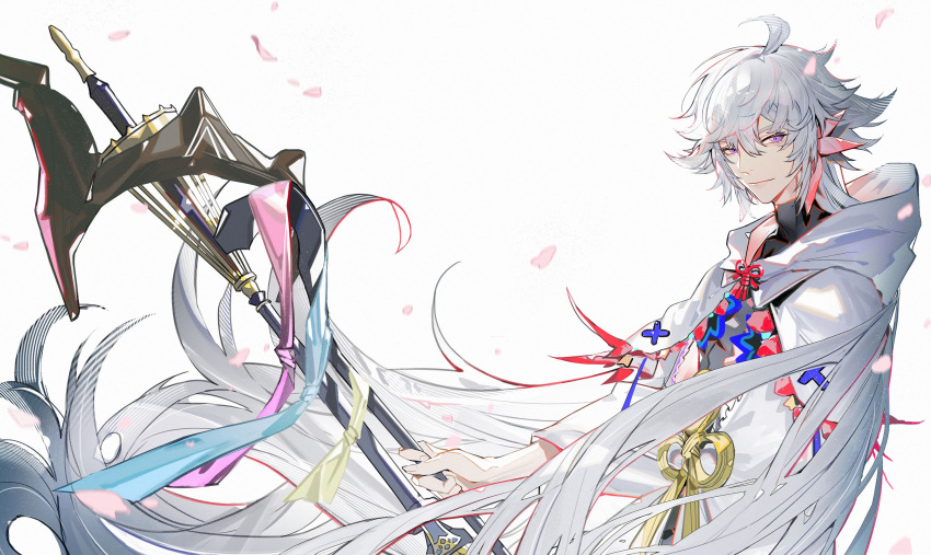 1boy, ahoge, closed_mouth, commentary, fate/grand_order, fate_(series), flower, from_side