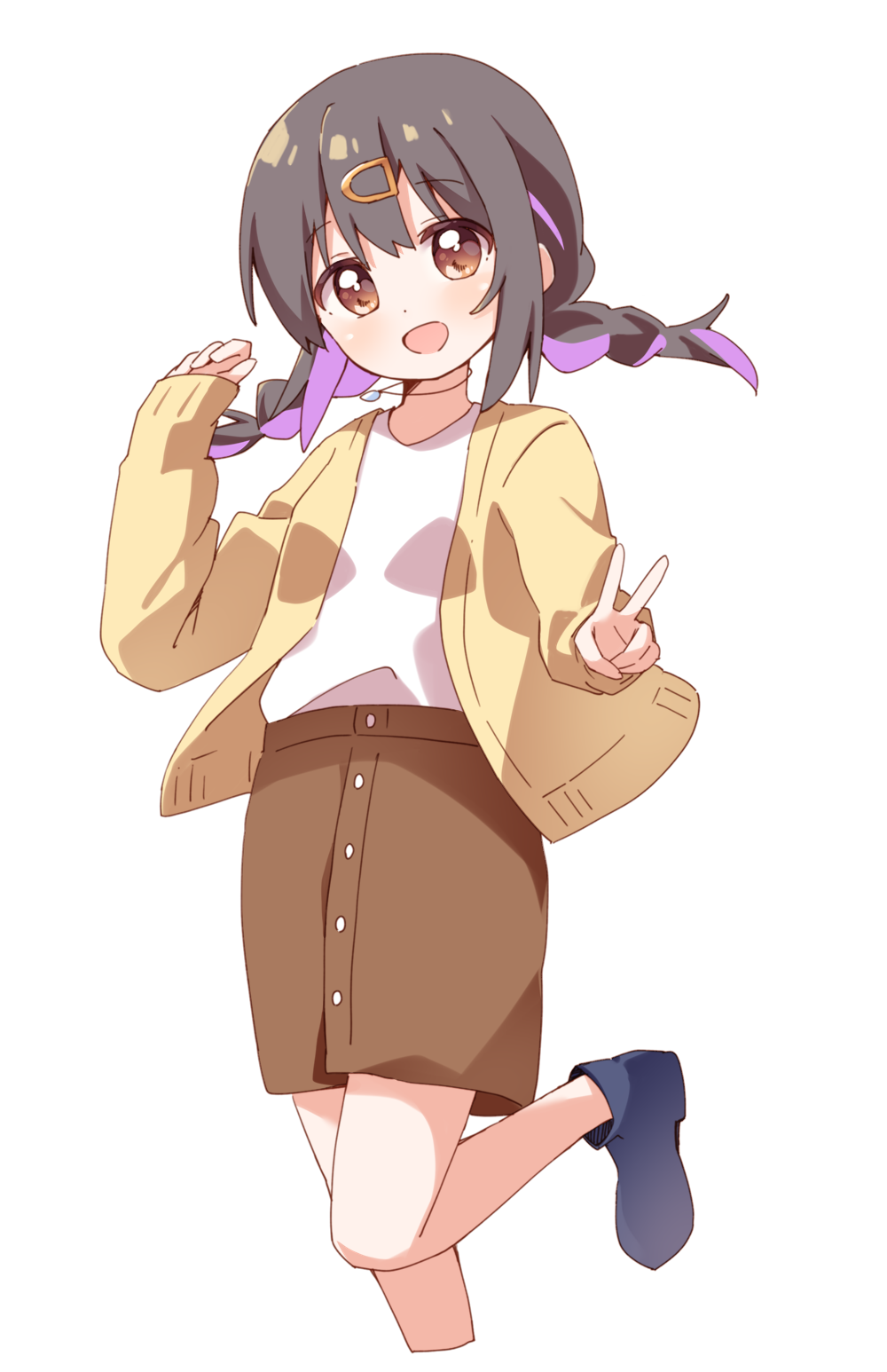 1girl, :d, alternate_hairstyle, arm_up, black_footwear, black_hair, braid, brown_eyes
