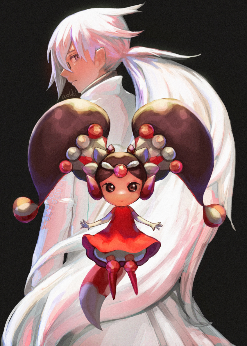 1boy, 1girl, bravely_default:_flying_fairy, bravely_default_(series), brown_eyes, brown_hair, closed_mouth, coat