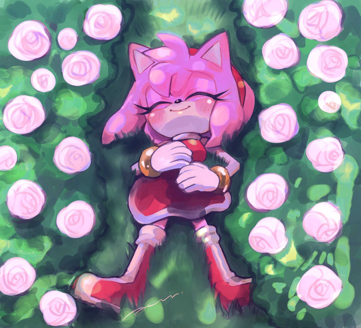 1girl, amy_rose, animal_ears, animal_nose, bare_shoulders, blush, boots, bracelet