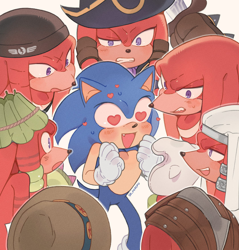 6+boys, animal_ears, animal_nose, artist_name, ascot, black_headwear, black_vest, blue_fur