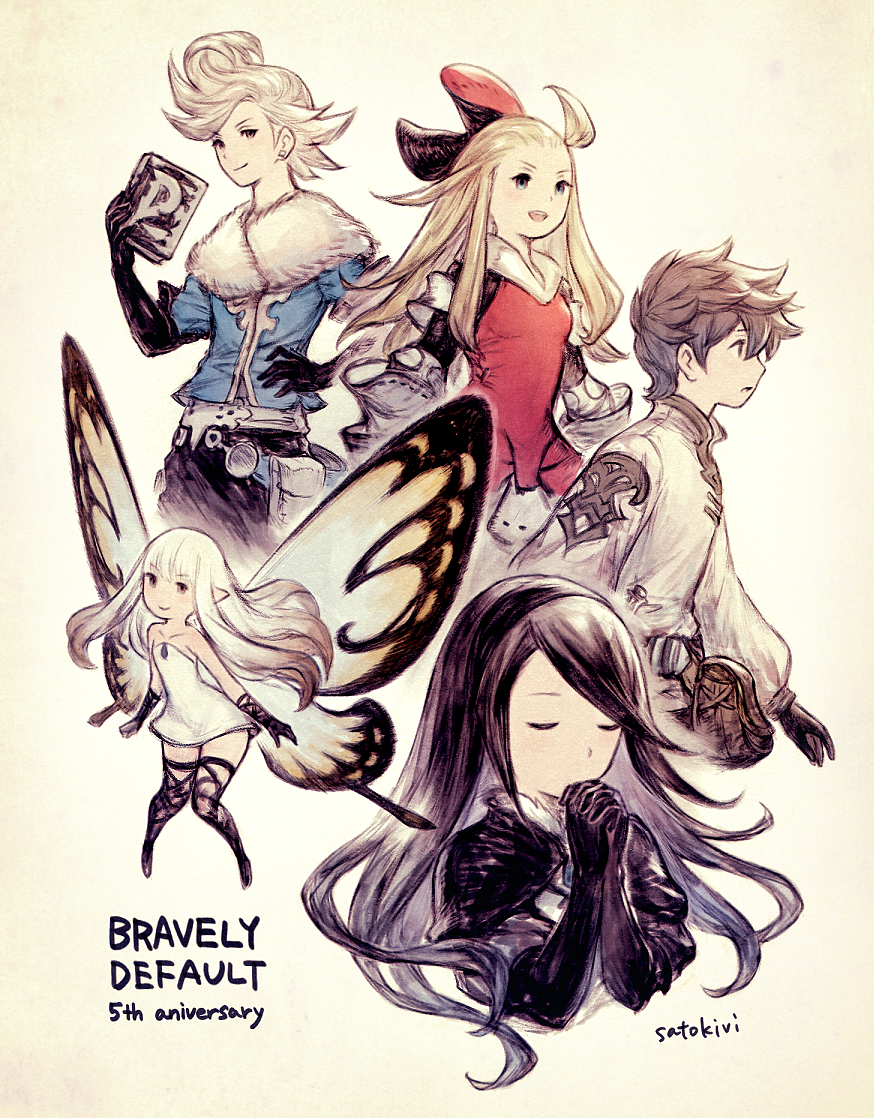 2boys, 3girls, agnes_oblige, ahoge, airy_(bravely_default), anniversary, armor, armored_dress