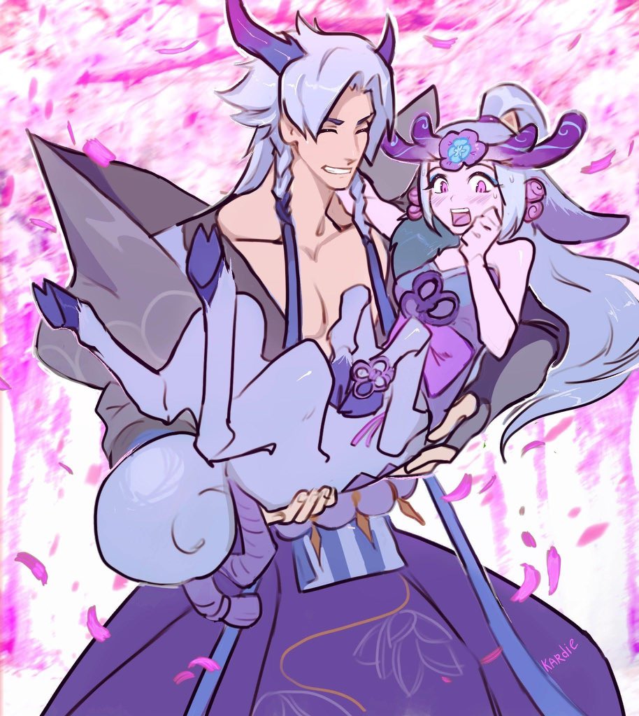 1boy, 1girl, bare_shoulders, blurry, blurry_background, blush, centaur, cherry_blossoms