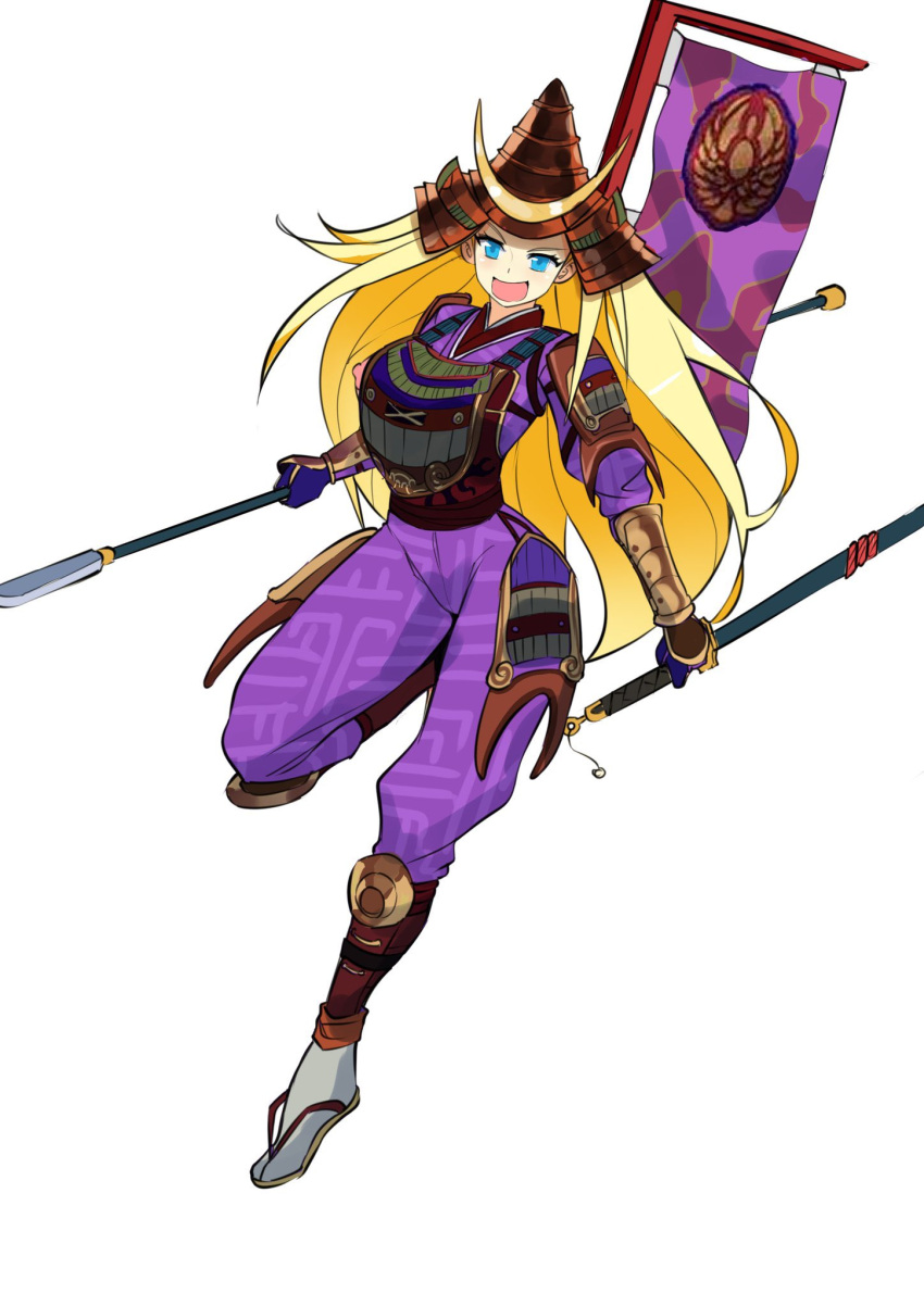 armor, blonde_hair, blue_eyes, flag, highres, holding, holding_polearm, holding_weapon