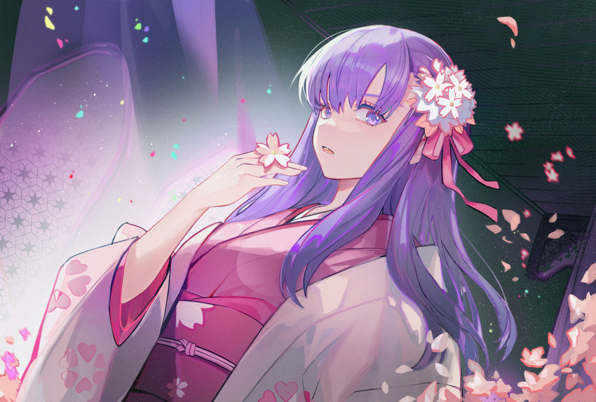 1girl, dutch_angle, fate/grand_order, fate_(series), flower, hair_between_eyes, hair_flower, hair_ornament, haori, highres, holding, holding_flower, japanese_clothes, kiki7, kimono, long_hair, long_sleeves, looking_at_viewer, matou_sakura, open_mouth, parvati_(fate), pink_flower, pink_kimono, purple_hair, violet_eyes, wide_sleeves