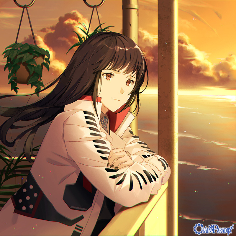 1girl, black_nails, brown_eyes, brown_hair, chain_paradox, clouds, commission, copyright_name