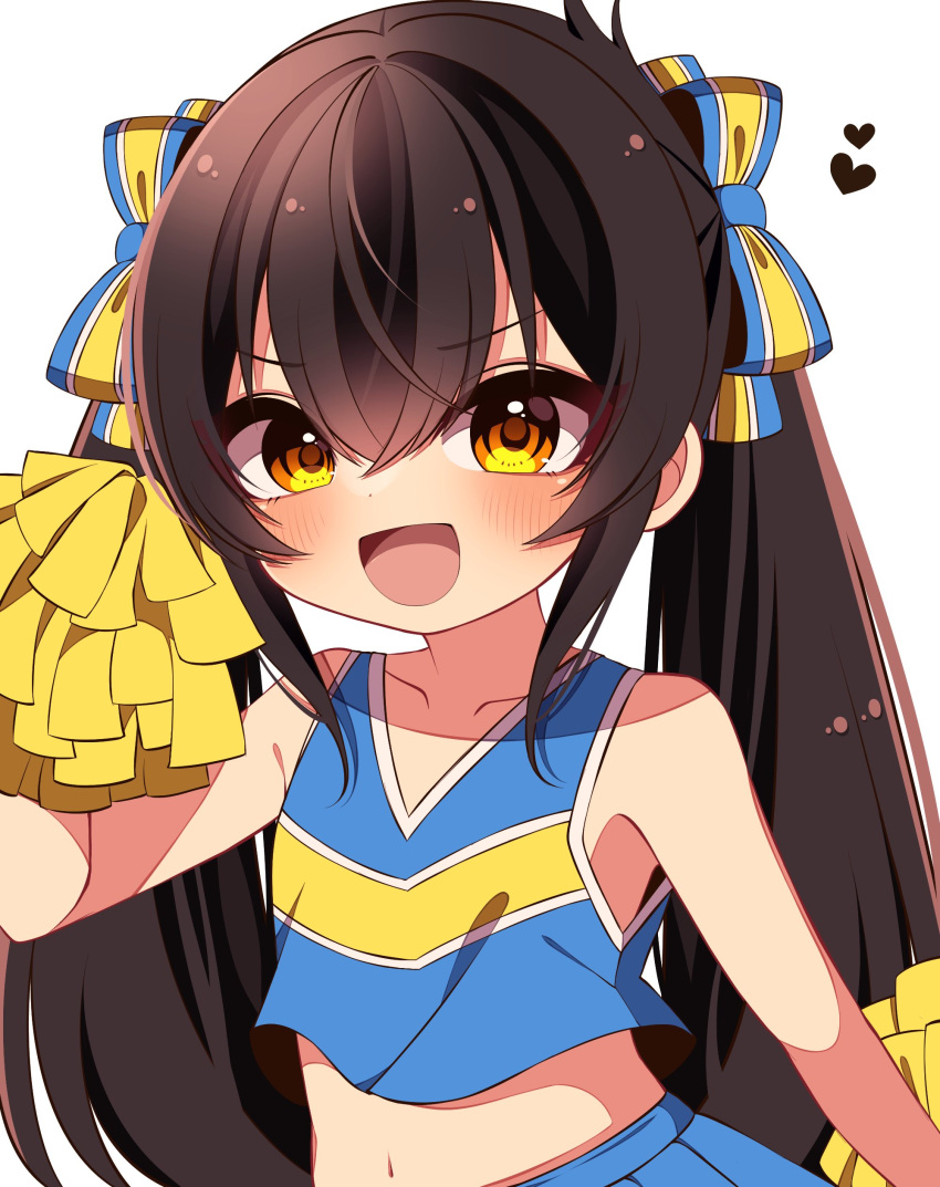 1girl, absurdres, black_hair, blue_shirt, blue_skirt, blush, bow, cheerleader, collarbone, commentary, dot_nose, female_child, flat_chest, hair_between_eyes, hair_bow, hand_up, highres, holding, holding_pom_poms, idolmaster, idolmaster_cinderella_girls_u149, long_hair, looking_at_viewer, maju_risa, matoba_risa, navel, open_mouth, pleated_skirt, pom_pom_(cheerleading), shirt, sidelocks, skirt, sleeveless, sleeveless_shirt, smile, solo, stomach, twintails, upper_body, v-shaped_eyebrows, white_background, yellow_eyes