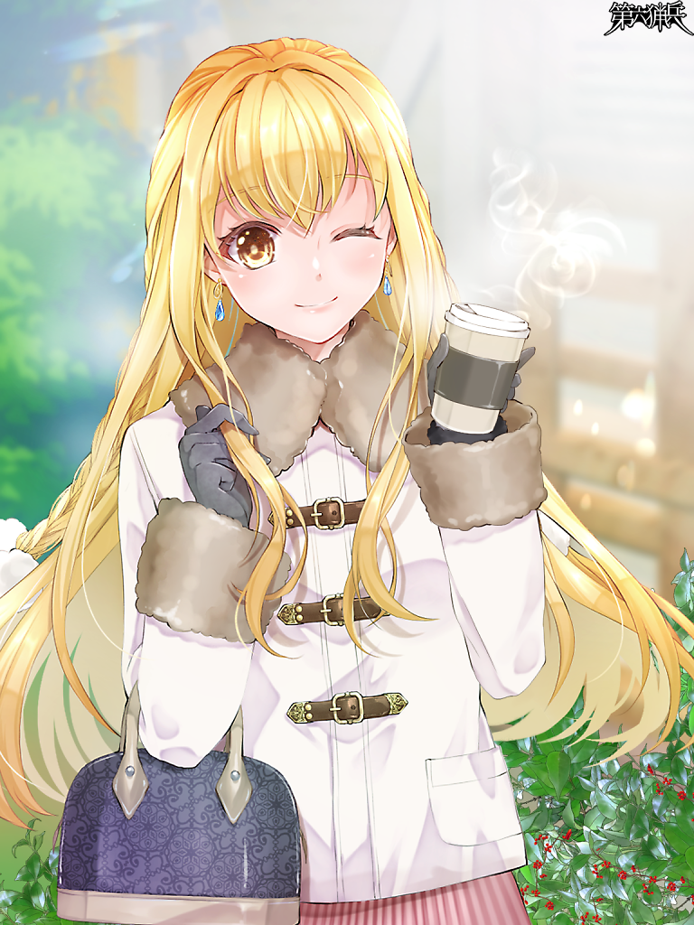 1girl, bag, black_gloves, blonde_hair, blurry, blurry_background, braid, bush