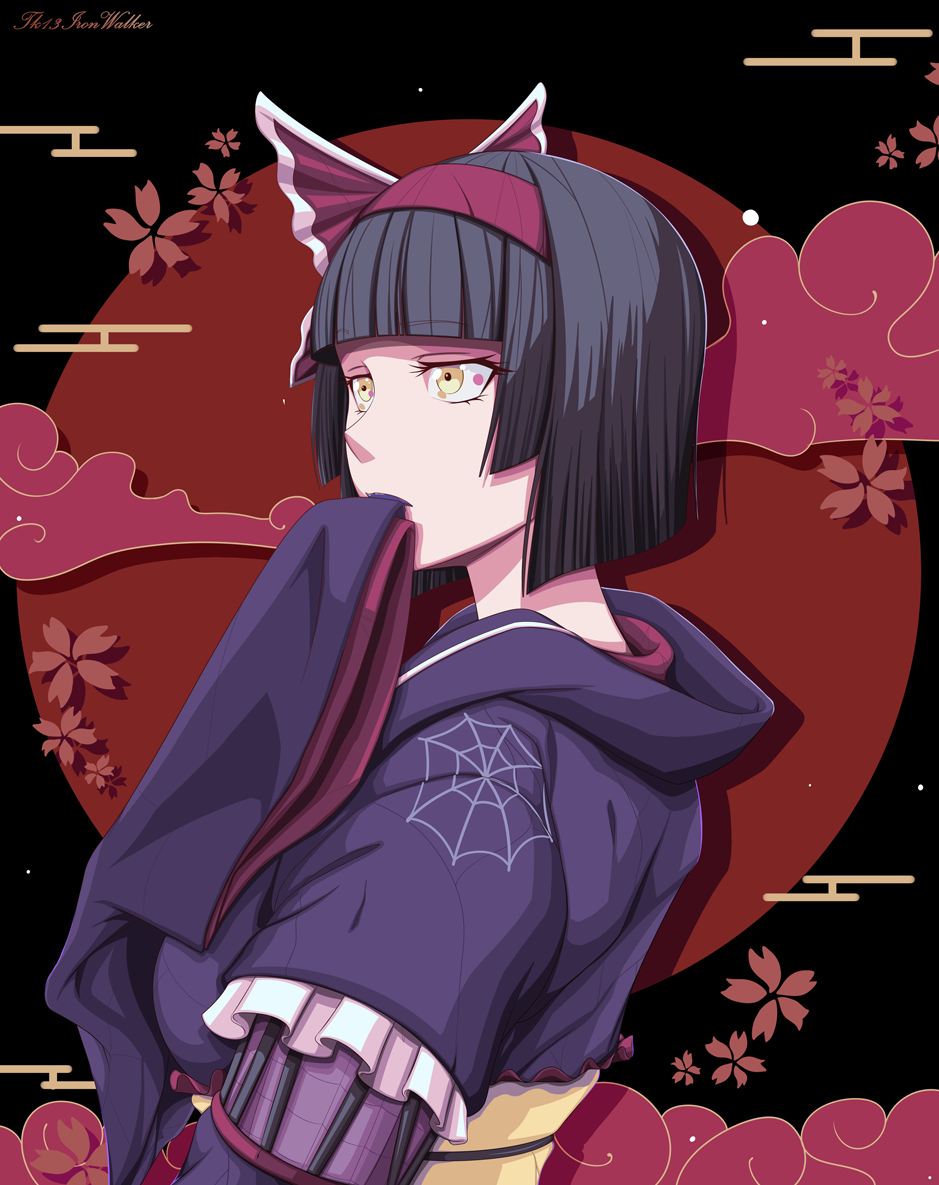 1girl, artist_name, black_hair, blunt_bangs, bow, hair_bow, hairband, hand_up