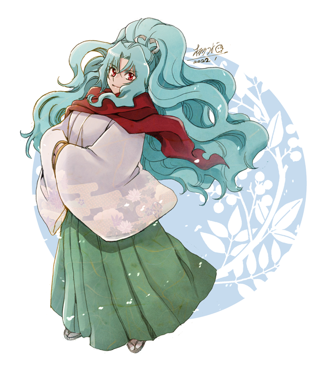 1girl, aqua_hair, crossed_arms, dated, egasumi, green_hakama, green_skirt, hakama