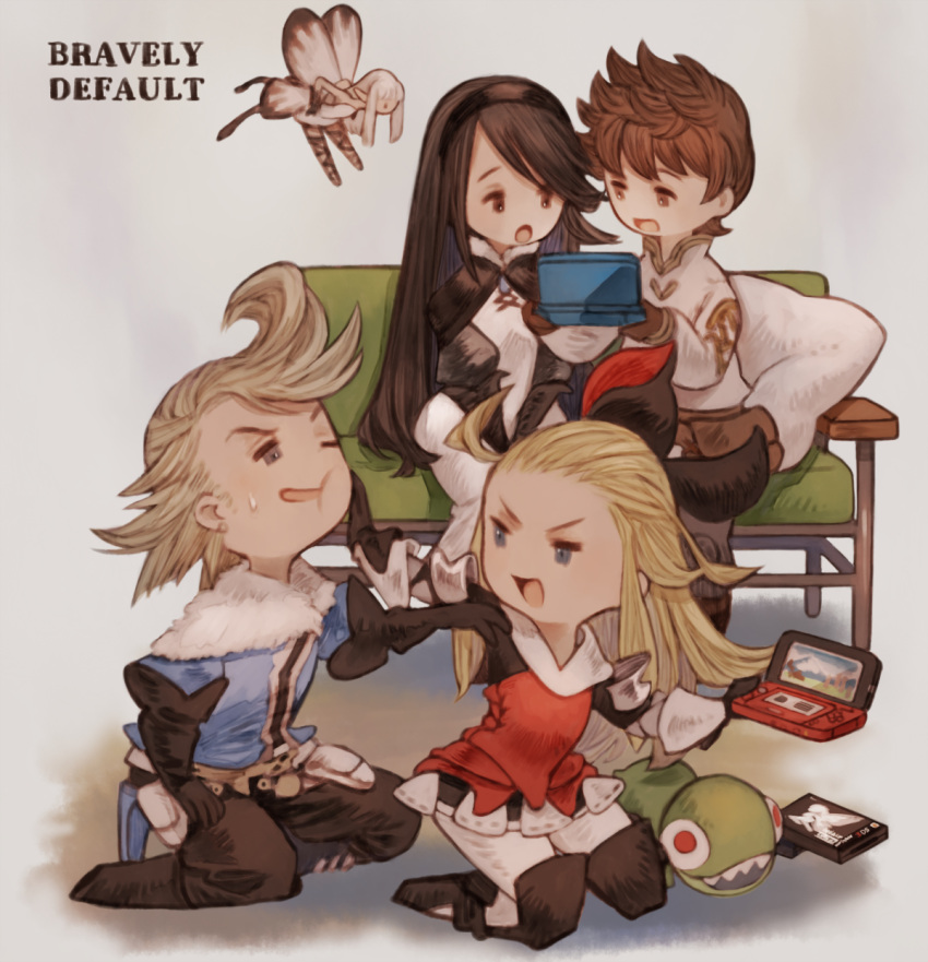 2boys, 3girls, :o, agnes_oblige, ahoge, airy_(bravely_default), armor, armored_dress