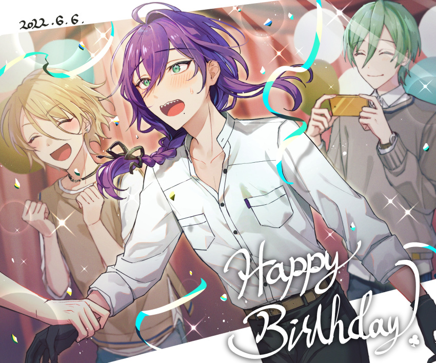 1other, 2022, 3boys, ahoge, aqua_eyes, ayase_mayoi, blonde_hair, blush, braid, cellphone_picture, closed_eyes, closed_mouth, dated, ensemble_stars!, green_hair, happy_birthday, highres, holding, holding_phone, iron_yana, kazehaya_tatsumi, long_hair, multiple_boys, open_mouth, phone, purple_hair, sharp_teeth, shiratori_aira_(ensemble_stars!), teeth