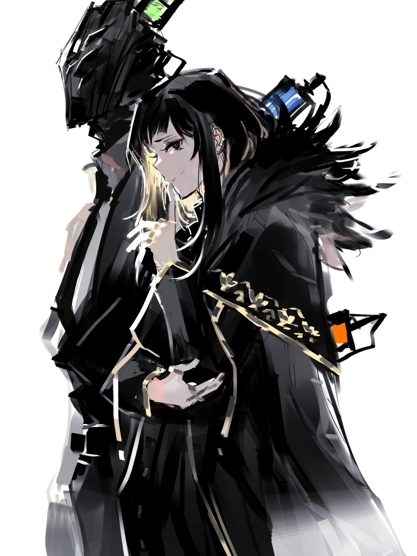 1boy, 1girl, baral_(library_of_ruina), black_coat, black_dress, black_eyes, black_hair, black_jacket