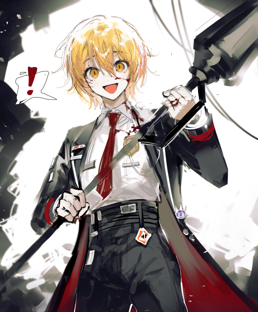 !, 1girl, :d, black_coat, black_pants, blonde_hair, blood, blood_on_clothes