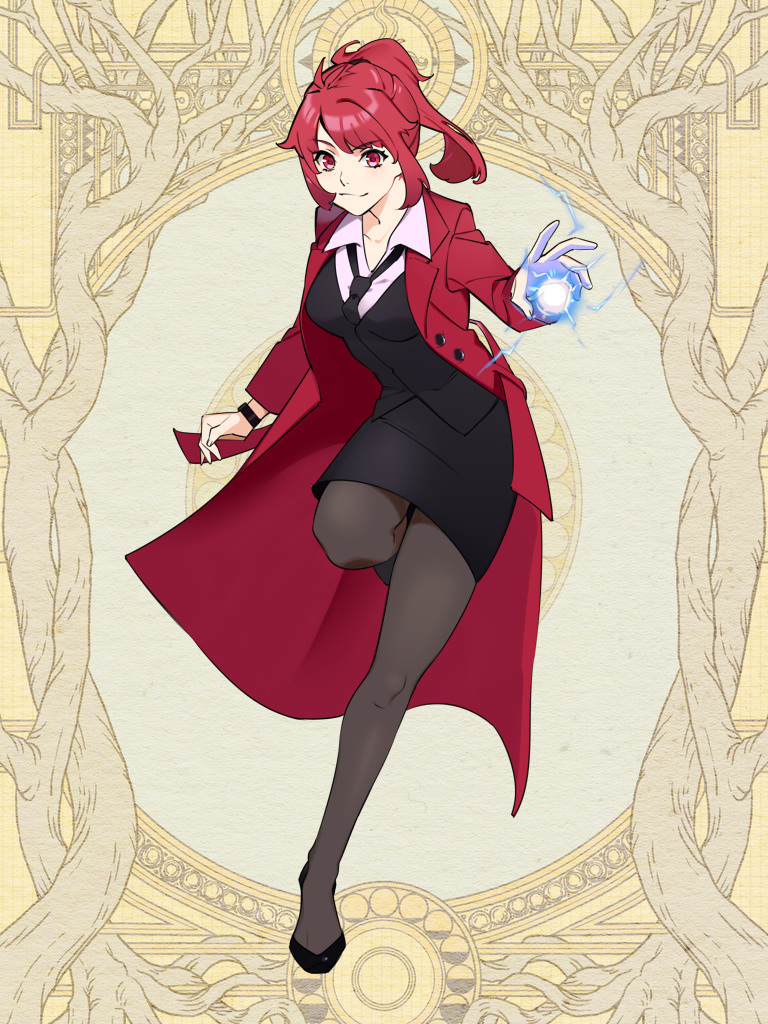 1girl, alexia_arkwright, black_footwear, black_necktie, black_skirt, breasts, coat, dairoku_ryouhei, formal, full_body, grey_pantyhose, itsuya_(mohumohu0521), long_hair, magic, medium_breasts, necktie, pantyhose, pencil_skirt, ponytail, red_coat, red_eyes, redhead, skirt, smile, solo, standing, standing_on_one_leg, suit, wristband, yellow_background