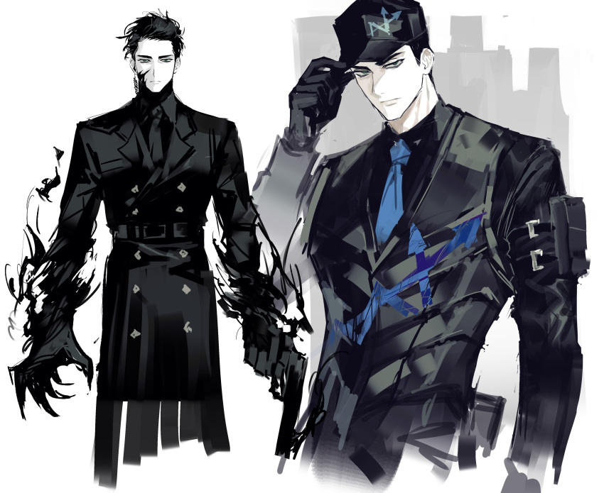 1boy, absurdres, arm_pouch, baseball_cap, belt, black_belt, black_coat, black_eyes