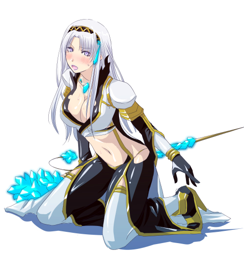 blush, breasts, cleavage, mr.romance, ragnarok_online, warlock, white_hair