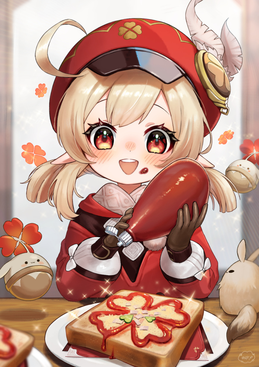 1girl, :d, ahoge, blurry, bottle, cabbie_hat, clover_print, coat
