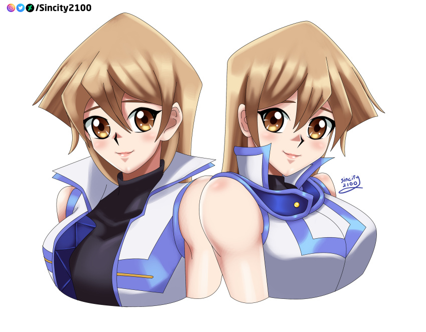 2girls, alternate_costume, blonde_hair, blush, bust, deviantart_username, duel_academy_uniform_(yu-gi-oh!_gx), fanart_from_deviantart, happy, long_hair, looking_at_viewer, sincity2100, smile, tenjouin_asuka, turtleneck, vest, yellow_eyes, yu-gi-oh!, yuu-gi-ou, yuu-gi-ou_arc-v, yuu-gi-ou_gx