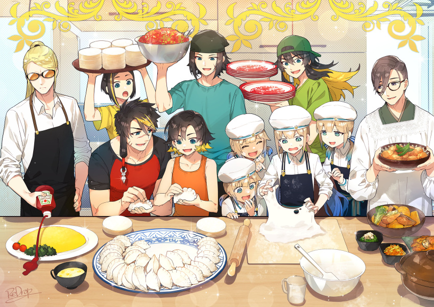 3others, 6+boys, :d, :o, ^_^, annoyed, apron, aqua_eyes