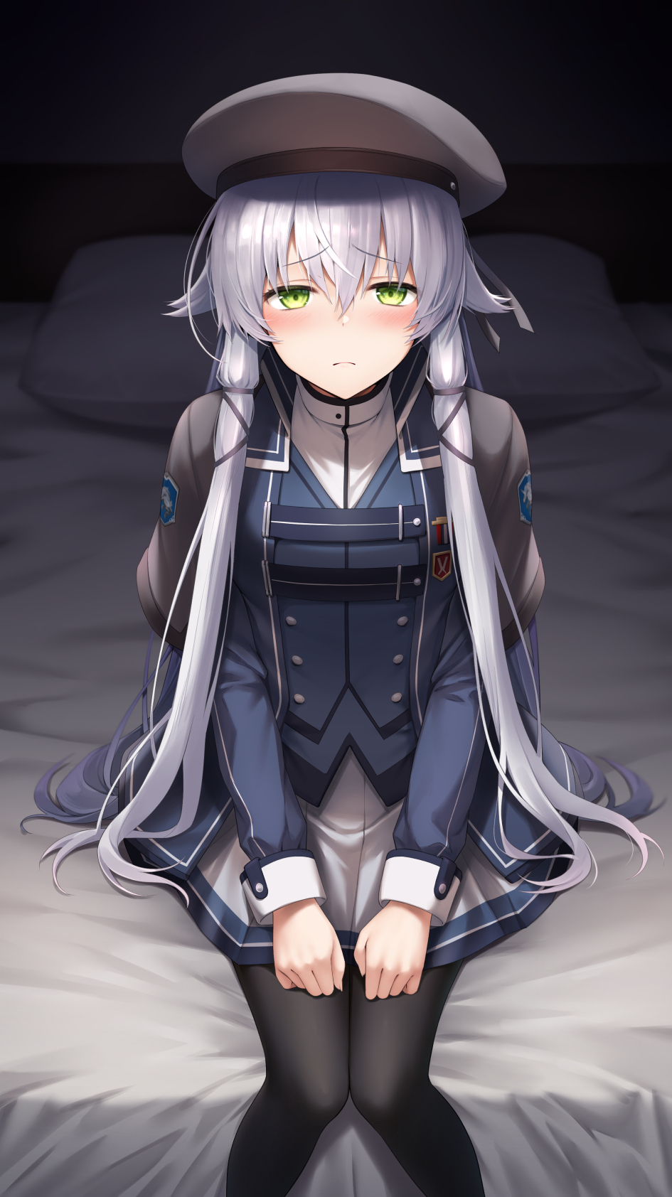 1girl, altina_orion, bed, black_jacket, black_pantyhose, closed_mouth, commentary_request, commission