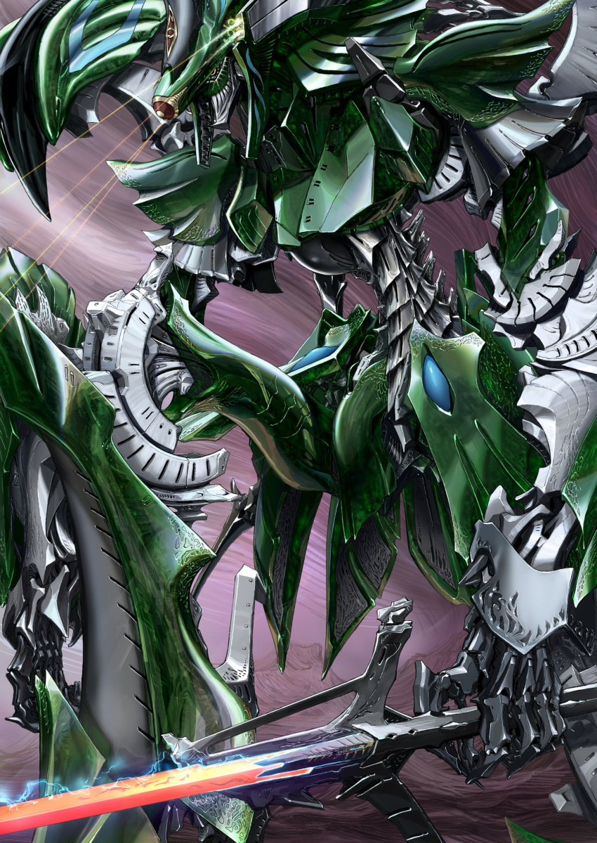 five_star_stories, gothicmade_(mecha), grey_background, highres, holding, holding_sword, holding_weapon, laser