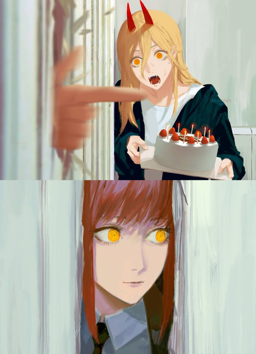 2girls, birthday_cake, black_hoodie, black_jacket, black_necktie, blonde_hair, cake, candle
