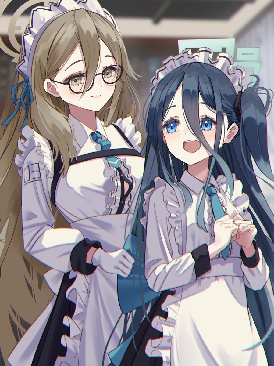 2girls, absurdly_long_hair, akane_(blue_archive), alternate_costume, apron, aris_(blue_archive), black_hair, blue_archive