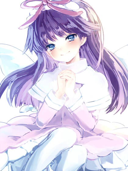 1girl, angel_wings, blue_eyes, blush, bow, dress, feli_(puyopuyo), long_hair