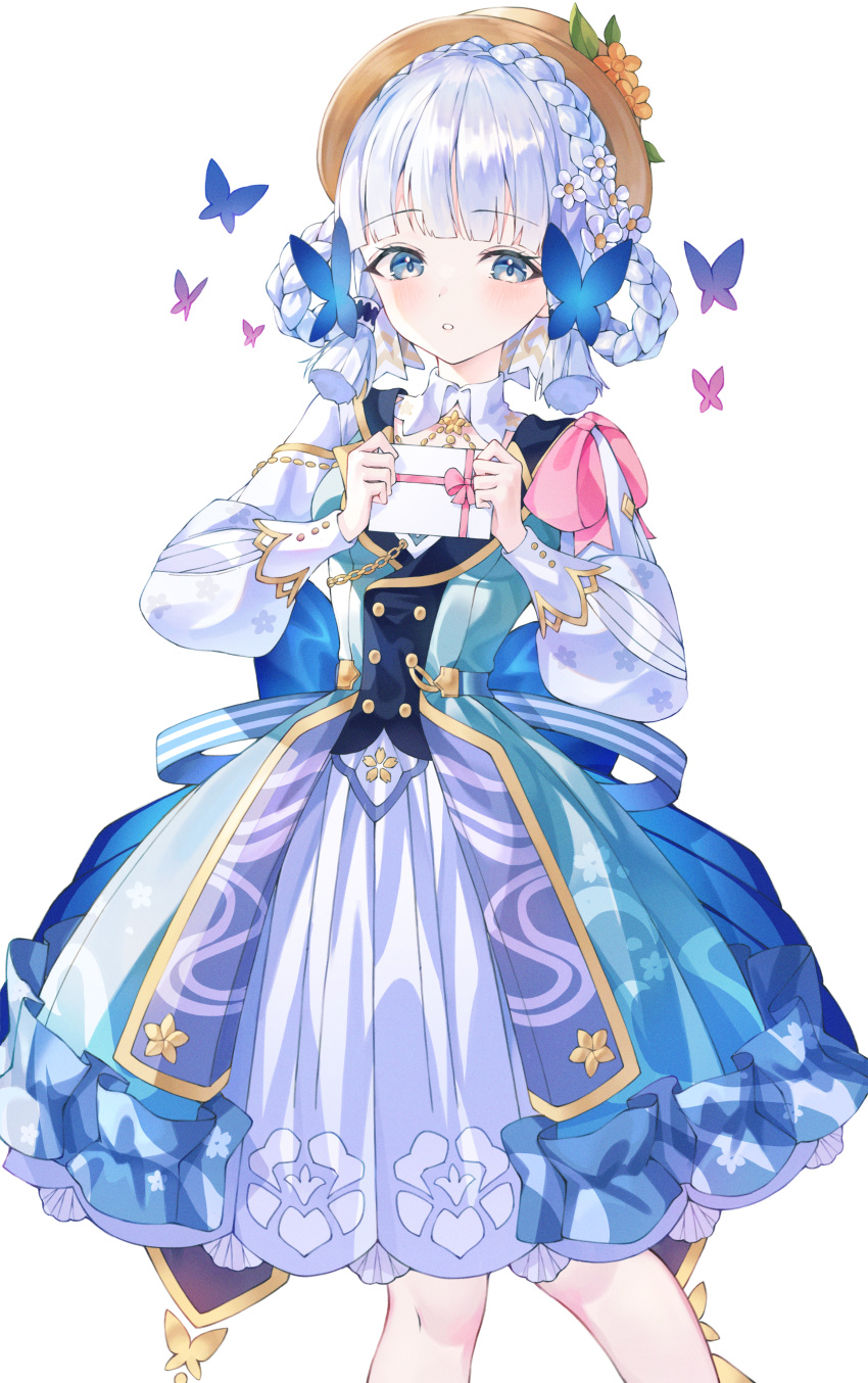 1girl, absurdres, blue_butterfly, blue_eyes, blunt_bangs, blush, braid, bug