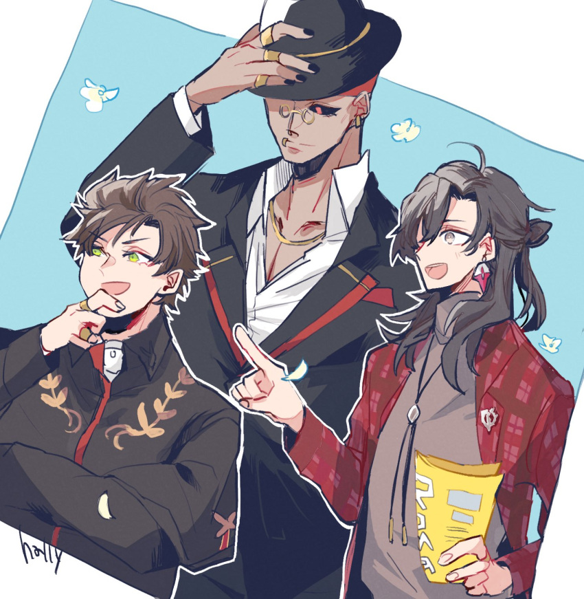3boys, :d, ahoge, artist_name, black_hair, black_headwear, black_jacket, black_nails