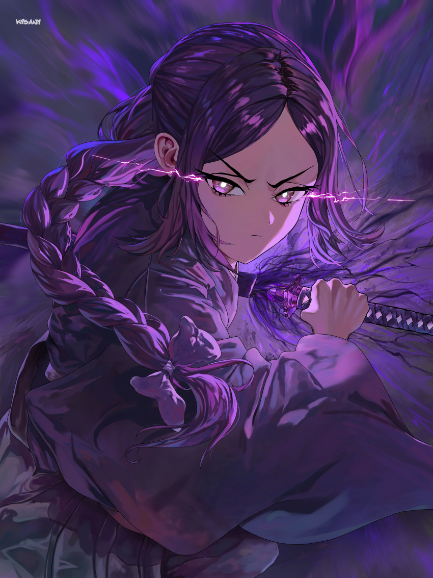 1girl, absurdres, artist_name, black_clover, black_hair, black_kimono, braid, closed_mouth, darkness, frown, hair_ribbon, hakama, highres, holding, holding_sword, holding_weapon, japanese_clothes, katana, kimono, kisany, long_hair, long_sleeves, looking_at_viewer, parted_bangs, ribbon, sheath, sidelocks, single_braid, solo, sword, unsheathing, v-shaped_eyebrows, violet_eyes, weapon, wide_sleeves, yami_ichika