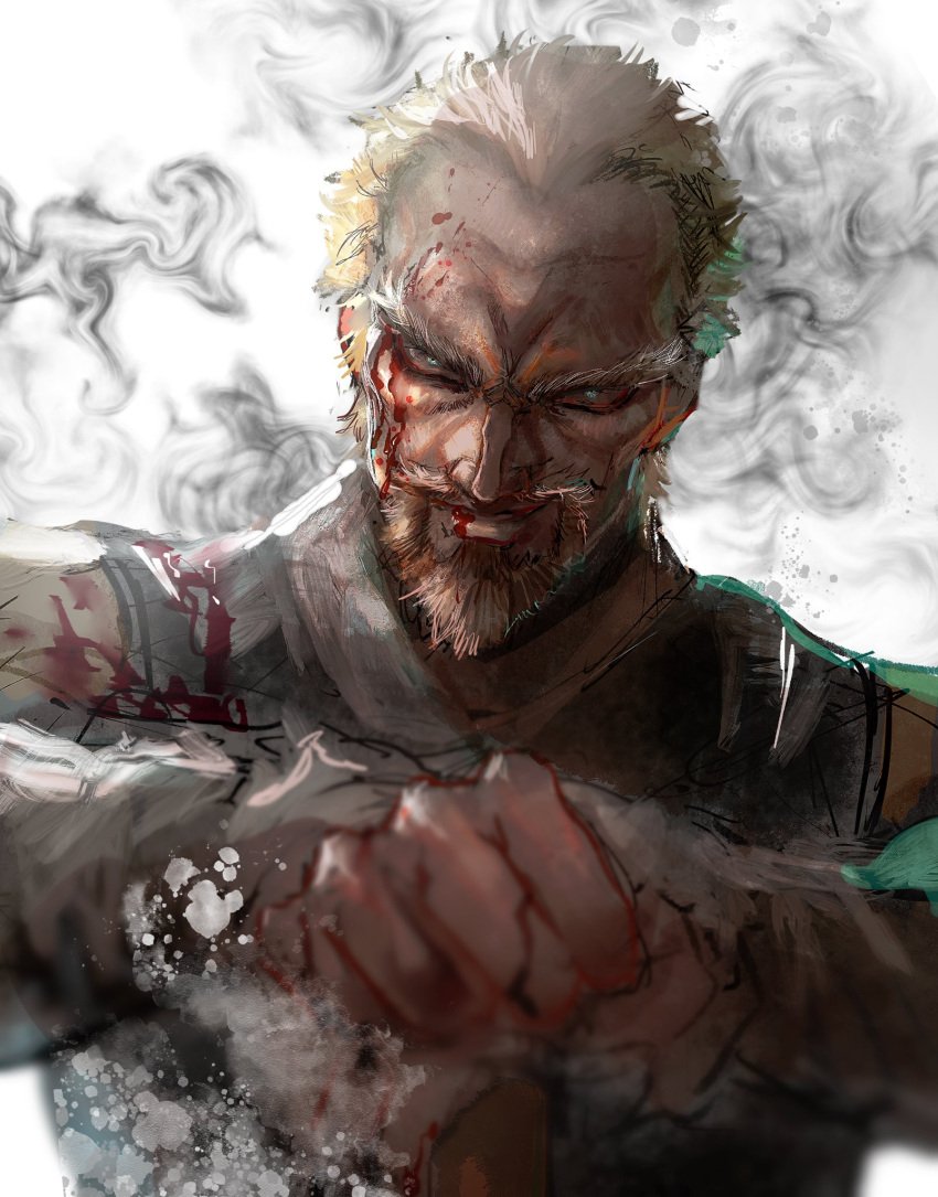 1boy, askeladd, blonde_hair, blood, blood_on_face, blue_eyes, facial_hair, goatee, hanpen_kounaien, highres, looking_at_viewer, male_focus, short_hair, smile, solo, vinland_saga