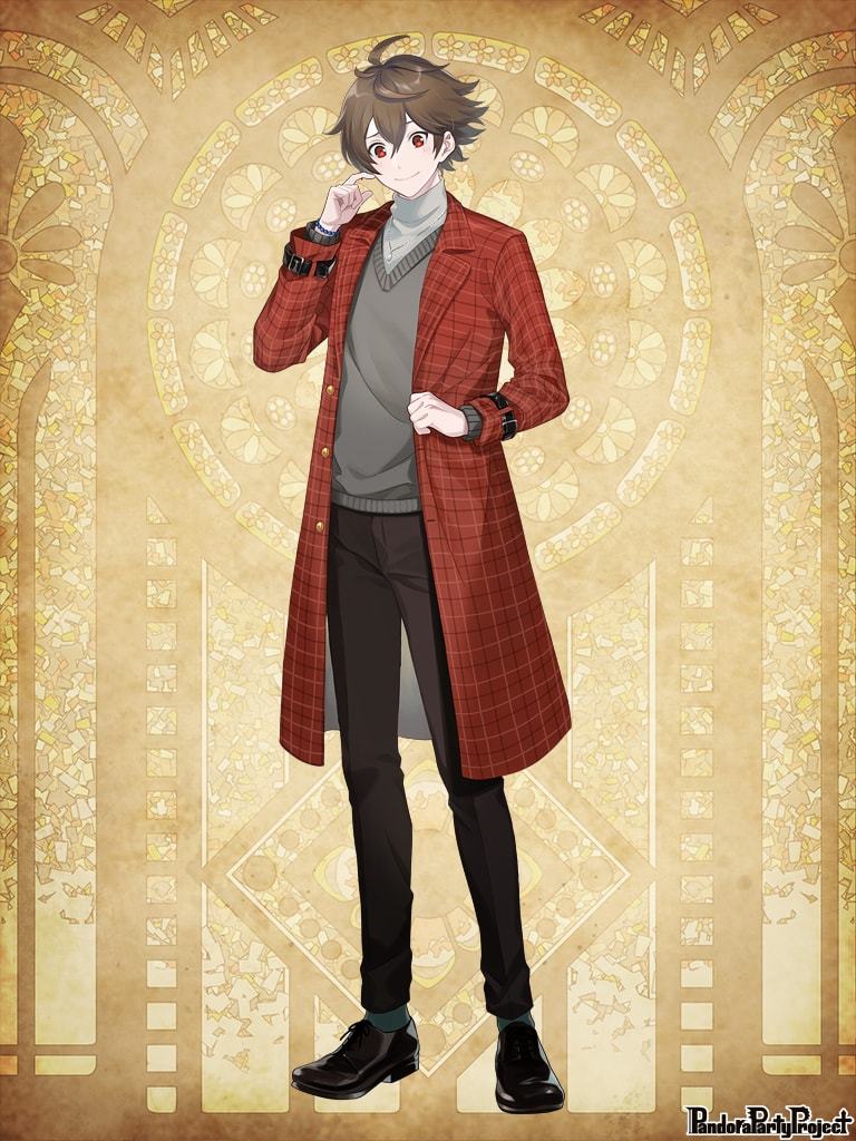 1boy, ahoge, black_footwear, black_pants, brown_hair, clenched_hand, coat, copyright_name